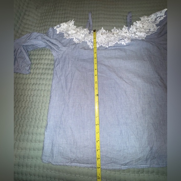 Messini blue stripe bubble sleeve off-Shoulder Top with White Lace Size M EUC - Picture 9 of 13